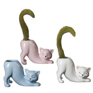 Small Mini Cute Cartoon Cat Animal Pot Desktop Succulent Planter Smart Home Products wholesale products Ceramic Flower Pots