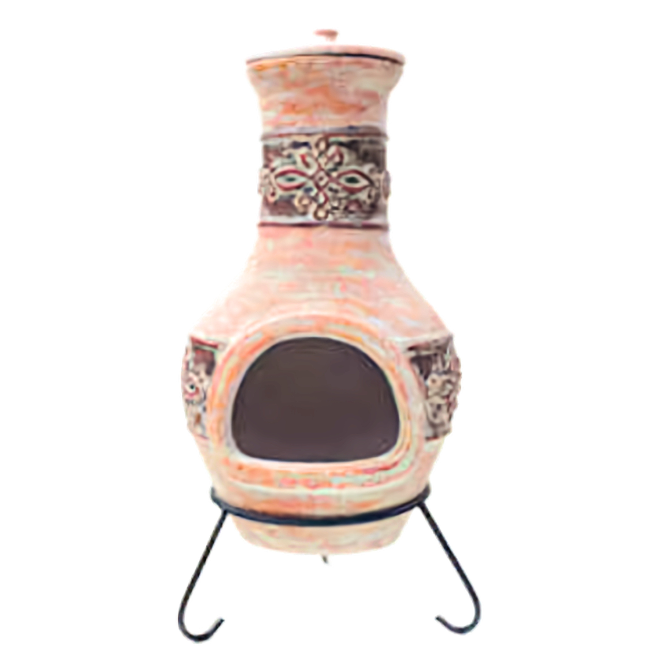 Authentic Mexican Design Terracotta Clay Chiminea with Iron Stand Base