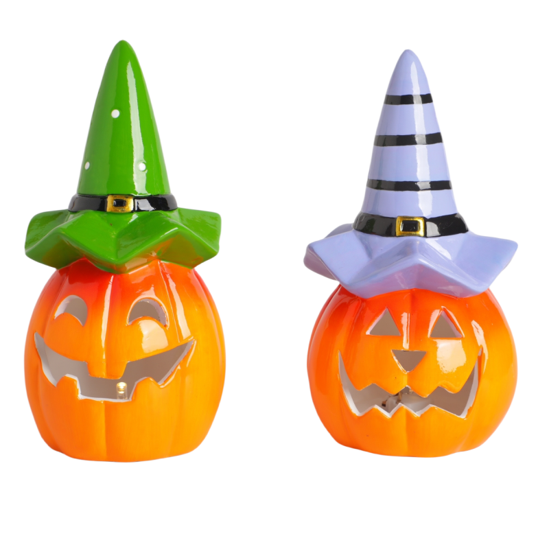 Halloween Mini Ceramic LED Pumpkin with Wizard Hat - Decorative Craft Candle Holder ornaments  glow-in-the-dark holiday gifts