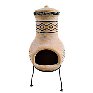 Authentic Mexican Design Terracotta Clay Chiminea with Iron Stand Base