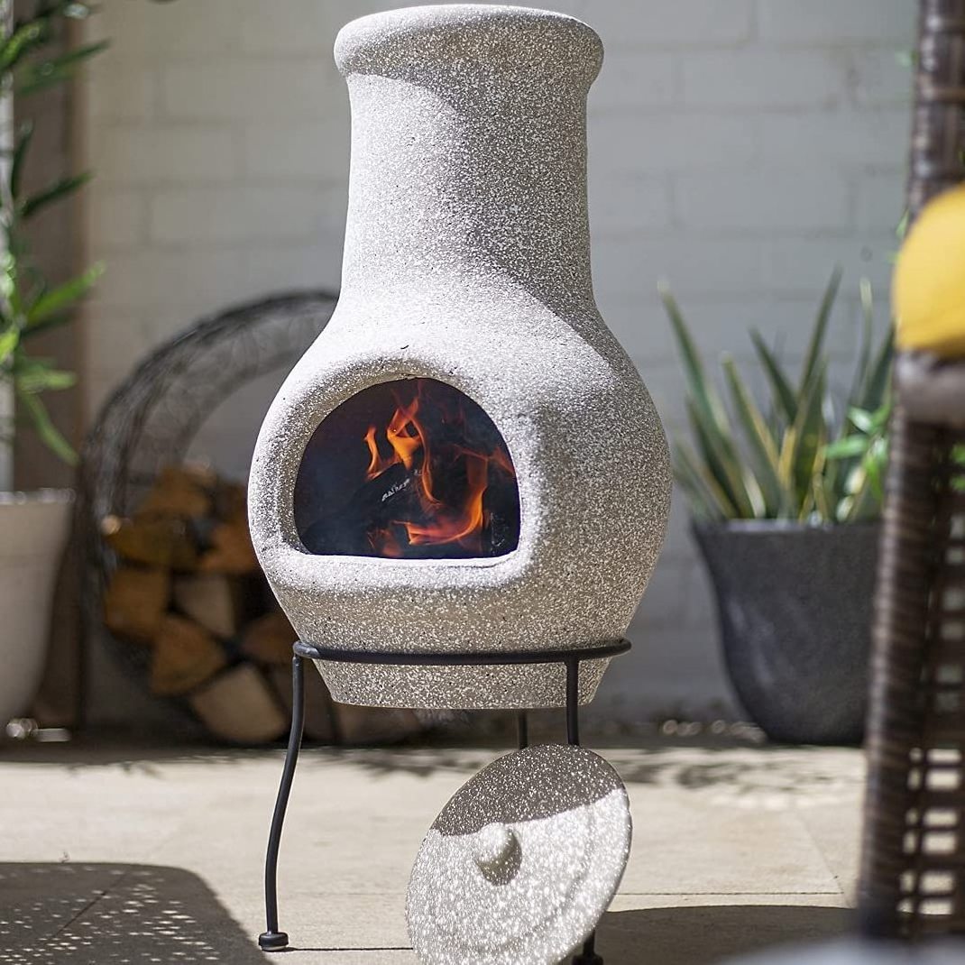 Authentic Mexican Design Terracotta Clay Chiminea with Iron Stand Base