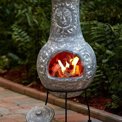 Outdoor Terracotta clay chiminea Handmade Garden Clay Chimenea with sun face design