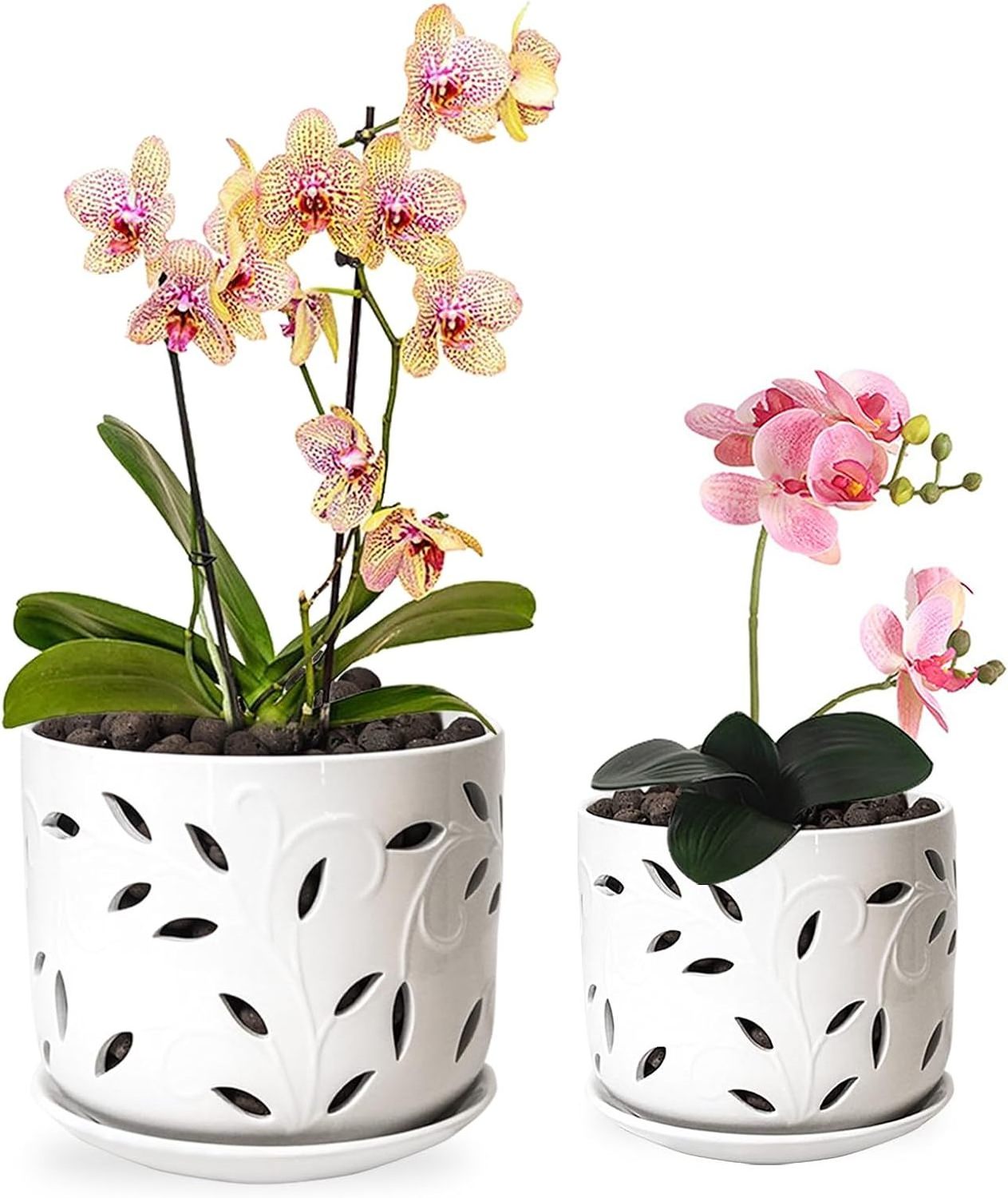 Ceramic Orchid Pot with Drainage Holes and Tray Flower Pot Plants Promoting Air Circulation for Healthy Plant Growth