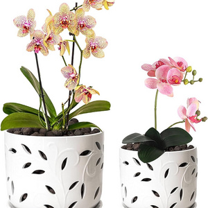 Ceramic Orchid Pot with Drainage Holes and Tray Flower Pot Plants Promoting Air Circulation for Healthy Plant Growth