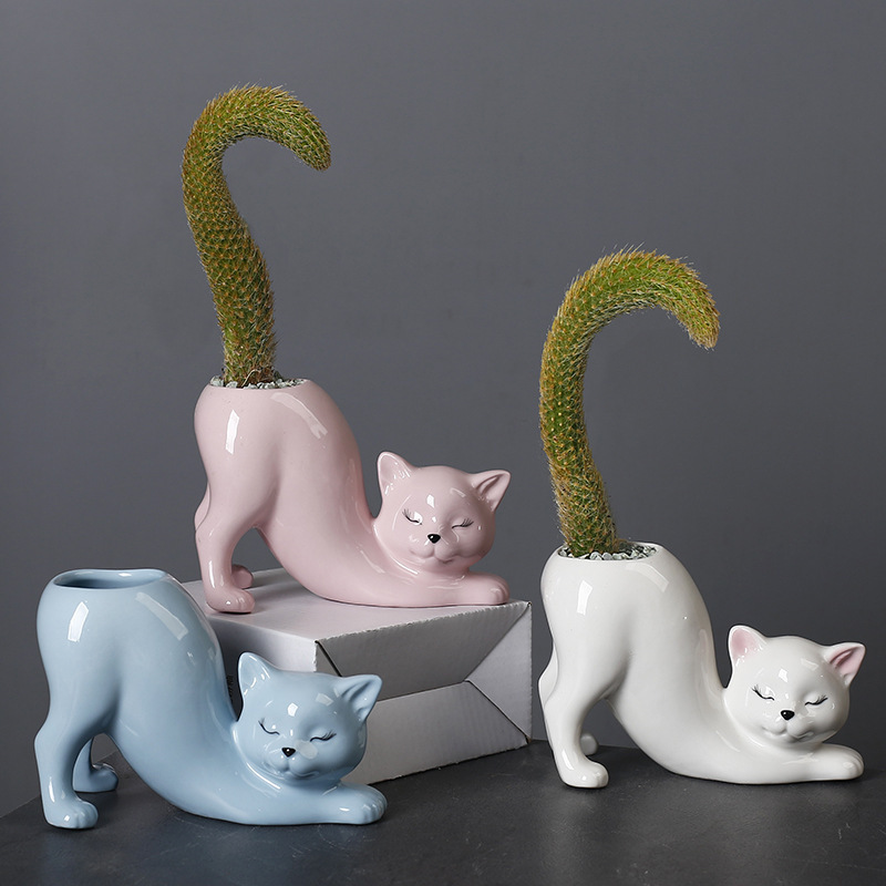 Small Mini Cute Cartoon Cat Animal Pot Desktop Succulent Planter Smart Home Products wholesale products Ceramic Flower Pots