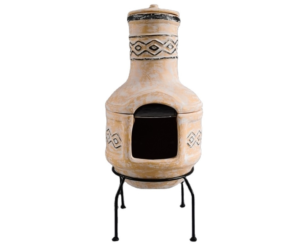 Handmade Clay  tiki chimenea for garden with BBQ grill Outdoor terracotta chimenea fire pit