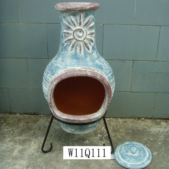 Outdoor Swirl Clay Chimenea - Patio Heater - Handmade - Traditional - Log Burner - Sea Blue & Red BBQ grill garden c