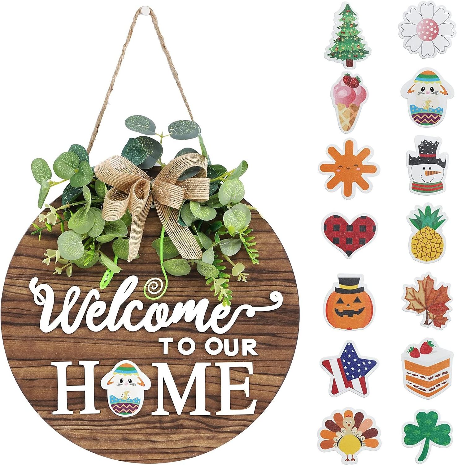 Welcome Sign Front Door Decoration Rustic Round Wood Wreaths Wall Hanging Outdoor Farmhouse Porch All Seasons Holiday Christmas