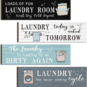 4 Pcs Laundry Room Decor Wooden Sign Funny Plaque Rustic Farmhouse Vintage Bathroom Rules Hanging Decor for Wall Decor