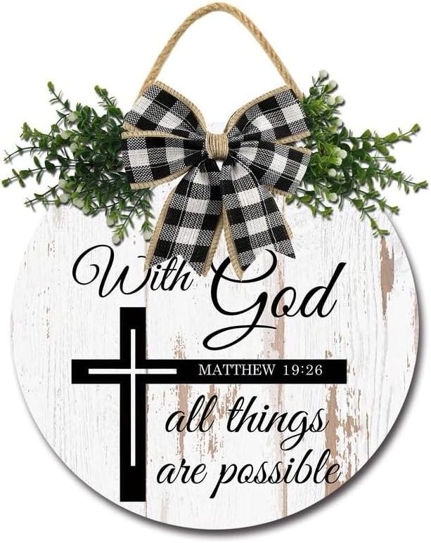 With God All Things are Possible Signs for Front Door Wreaths Religious Scripture Bible Verses Wall Wooden Hanging Wall Decor