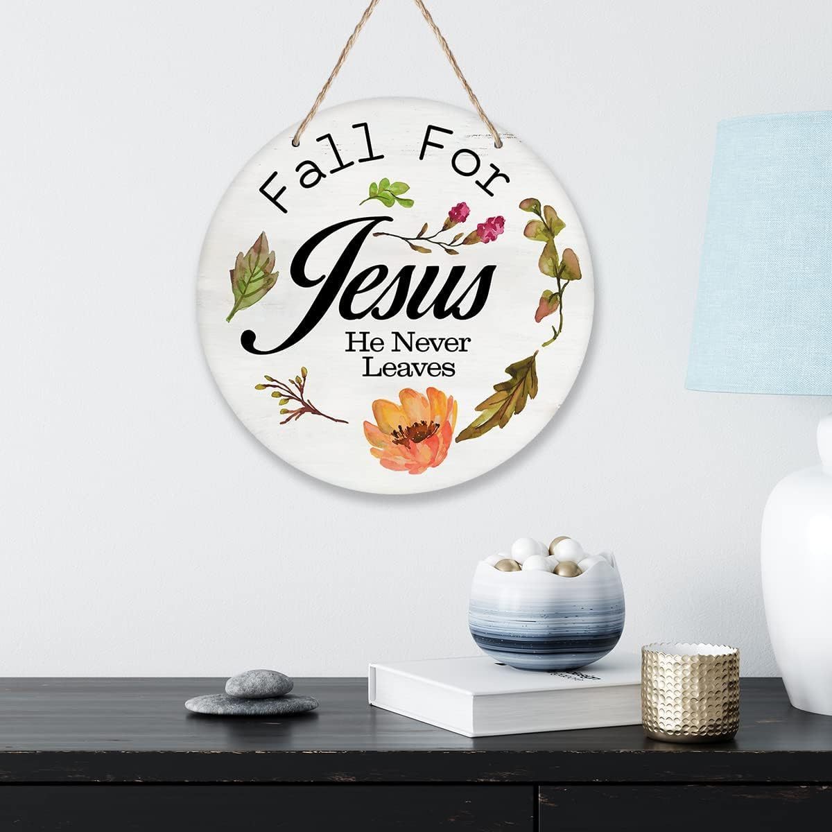 Fall for Jesus He Never Leaves Wreath Wood Door Hanger Sign for Front Door Rustic Scripture Round Plaque Christian Wall Decor