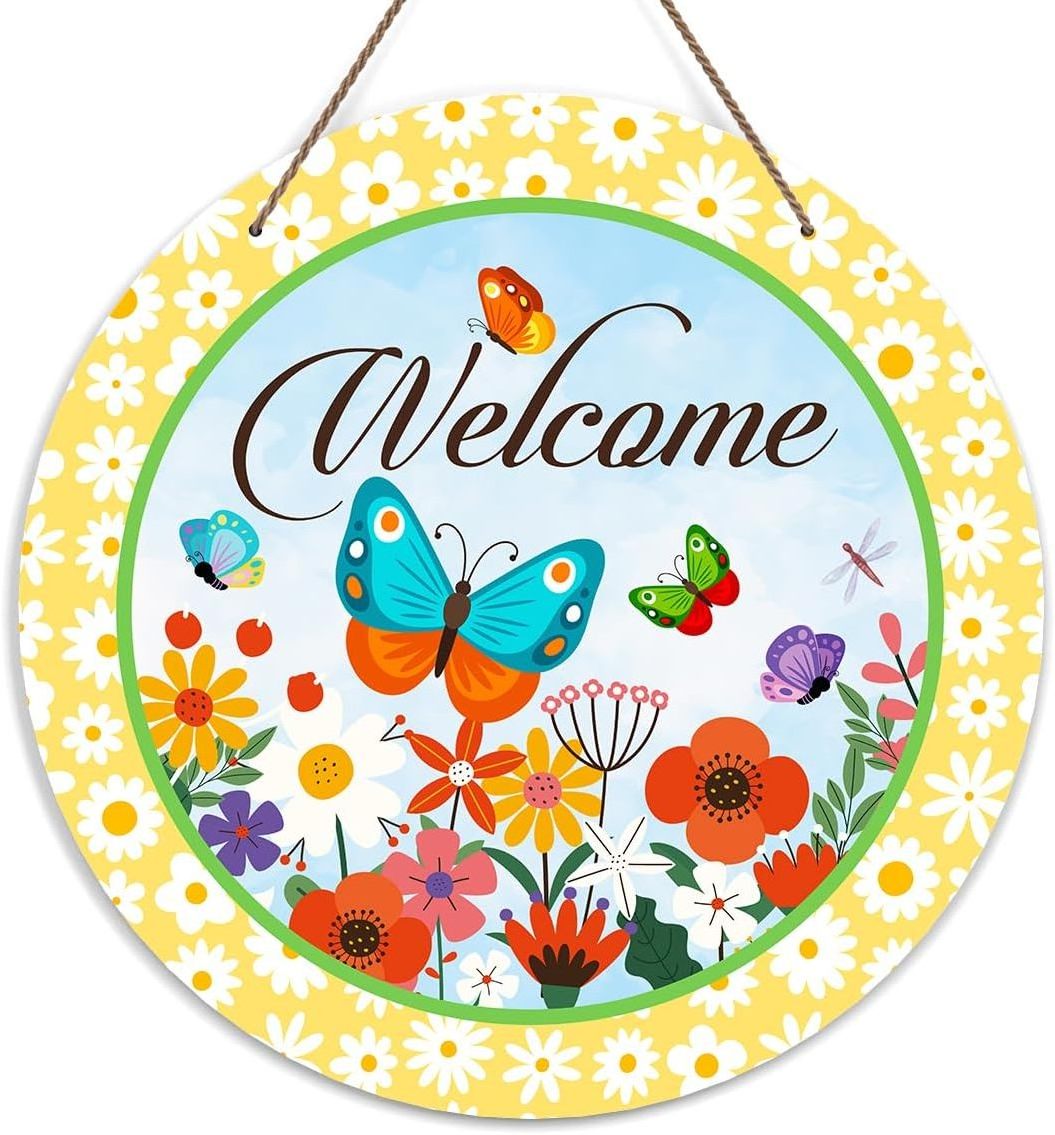 Welcome Door Sign Spring Flowers and Butterflies Wooden Hanging Decor Round Decorative Wall Plaque Daisy for Front Door Porch