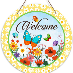 Welcome Door Sign Spring Flowers and Butterflies Wooden Hanging Decor Round Decorative Wall Plaque Daisy for Front Door Porch