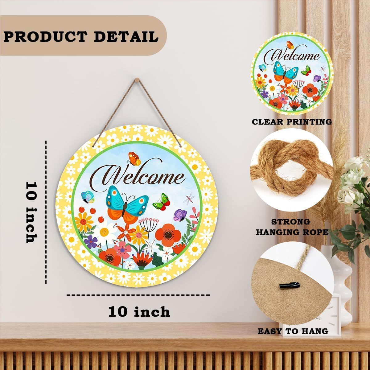 Welcome Door Sign Spring Flowers and Butterflies Wooden Hanging Decor Round Decorative Wall Plaque Daisy for Front Door Porch