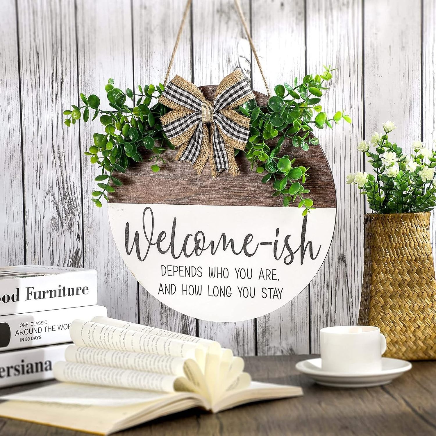 Welcome Sign Welcome-ish Front Door Sign Funny Wreaths Round Hanging Wooden Plaque Decoration Rustic Farmhouse Porch Decor