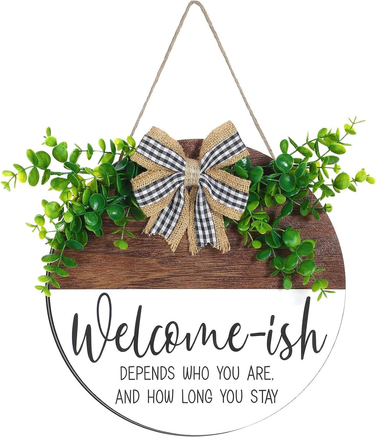 Welcome Sign Welcome-ish Front Door Sign Funny Wreaths Round Hanging Wooden Plaque Decoration Rustic Farmhouse Porch Decor