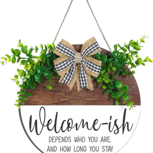 Welcome Sign Welcome-ish Front Door Sign Funny Wreaths Round Hanging Wooden Plaque Decoration Rustic Farmhouse Porch Decor