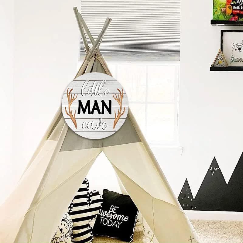 Little Man Cave Sign Wall Decor for Nursery Wooden Boys Room Rustic Round Sign for Baby Toddler Kids Bedroom Living Room 12 Inch