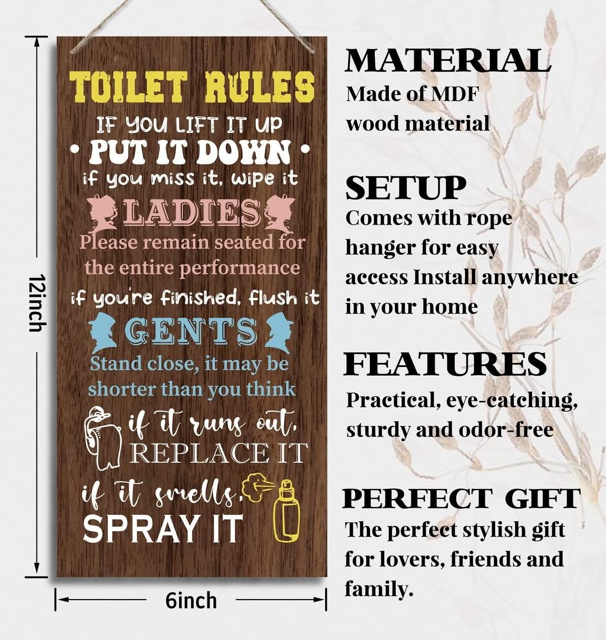 Bathroom Wood Decor Sign Toilet Rules Hanging Plaque Decoration Farmhouse Warning Sign for Home Office Farm Shop Bar