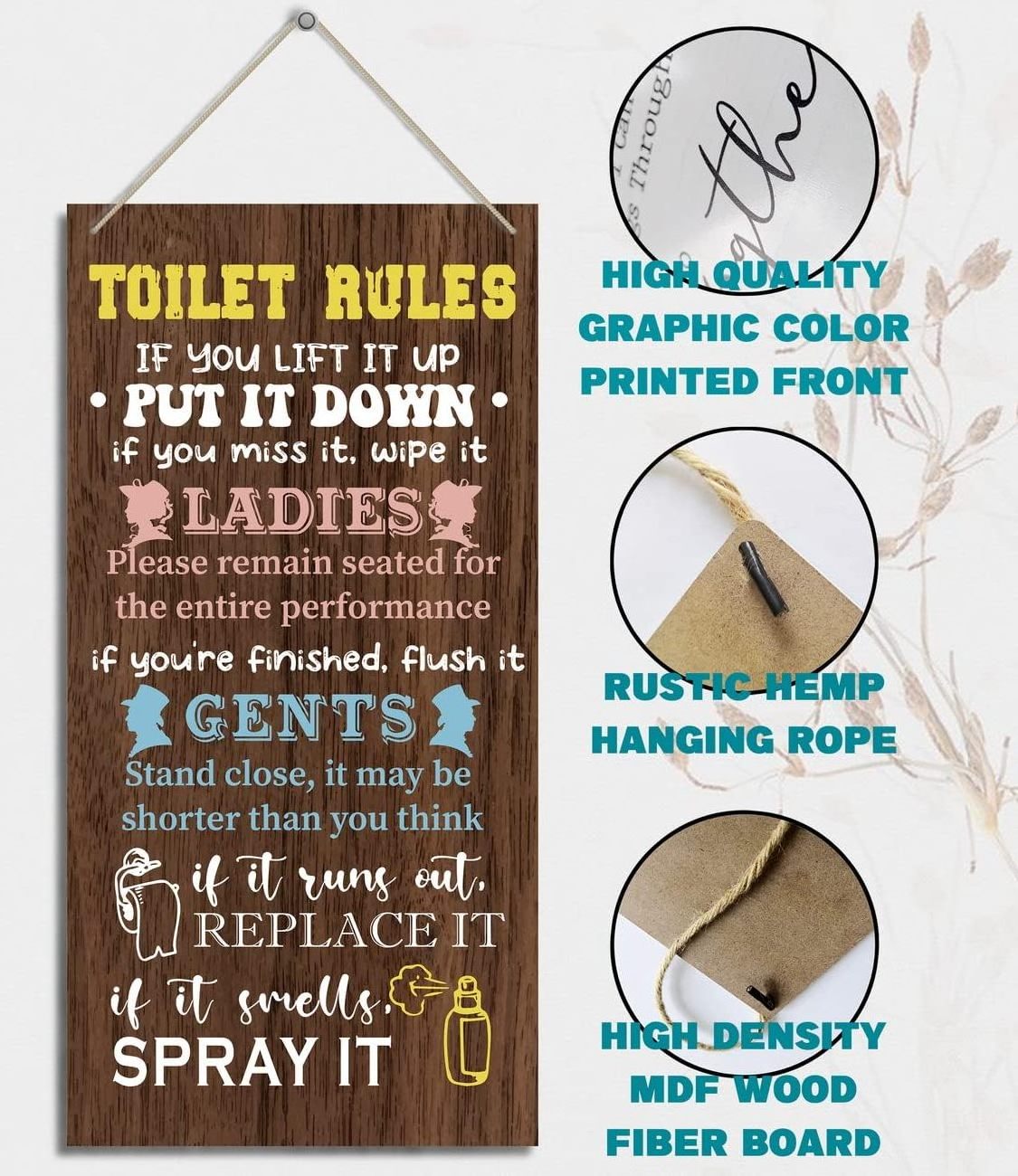 Bathroom Wood Decor Sign Toilet Rules Hanging Plaque Decoration Farmhouse Warning Sign for Home Office Farm Shop Bar