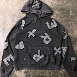 Streetwear Custom Logo Color Block Washed Distressed Hoodie Vintage Acid Washed Embroidery Patchwork Patches Spider Hoodie Men