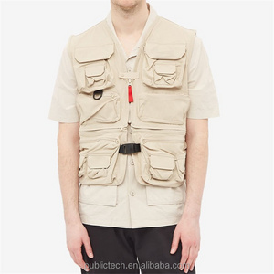 OEM Custom Street Fashion Beige 100% Cotton Multi Pocket Zipper Cargo Utility Vest For Men