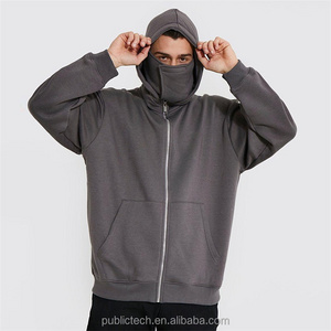 Custom men Kangaroo Pouch Pocket black full zip blank plain hoodie with face covering