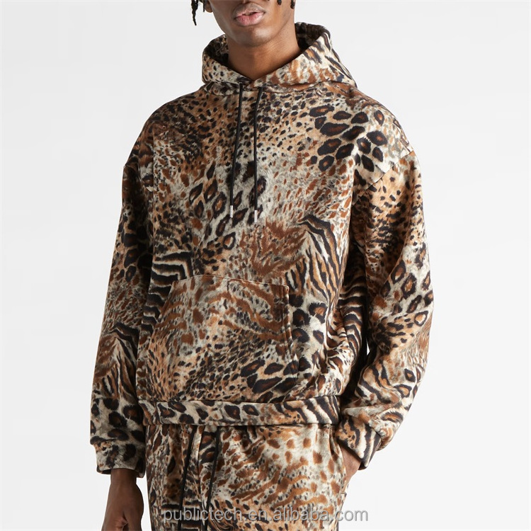 Custom  hip hop streetwear oversized leopard print set tracksuit for men