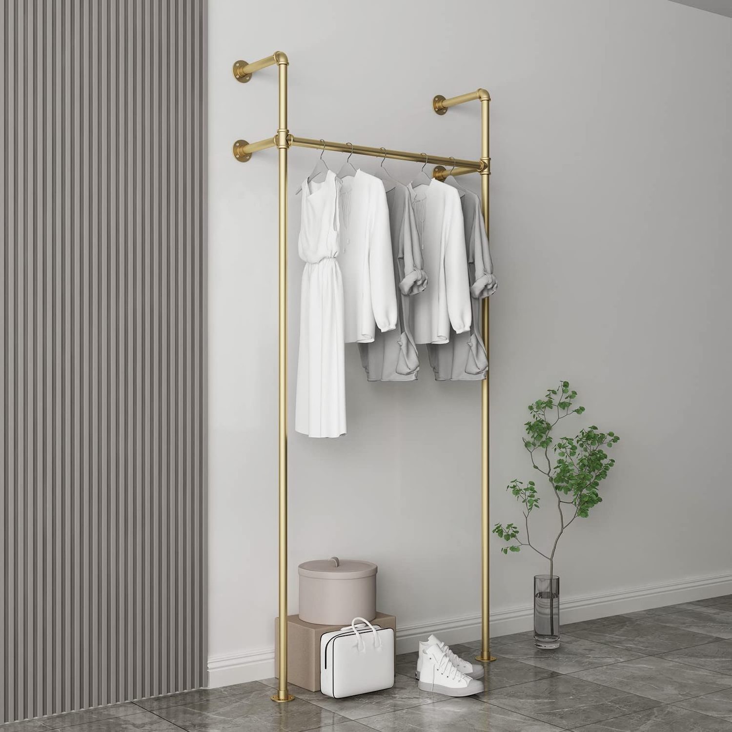 clothing racks gold display Coat Rack Hanger Shelf Garment Display Clothes Hanging Clothing Rack with Wheels 2 Tiers Commercial