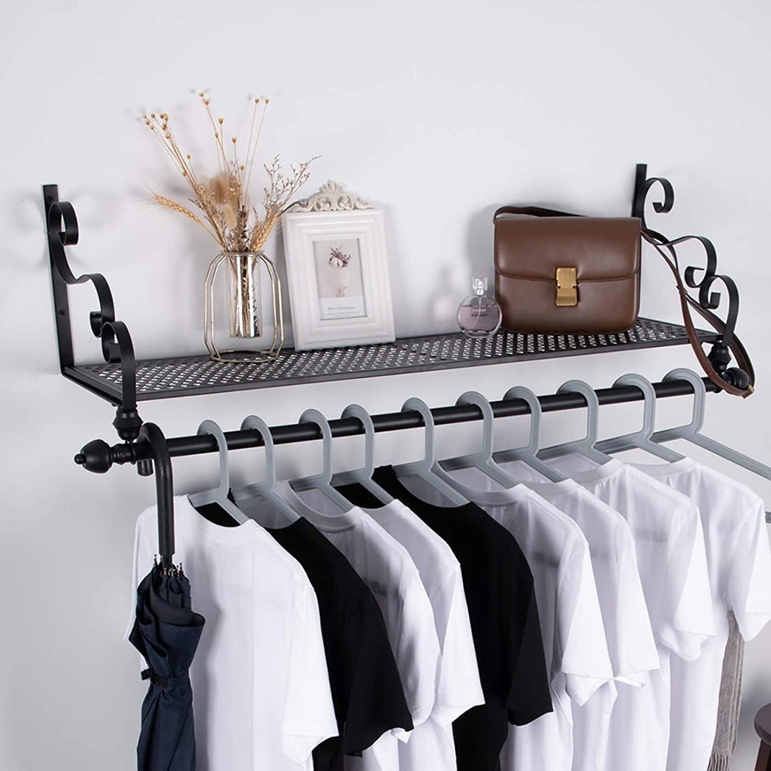 Industrial tube shelf hanger heavy-duty wall-mounted black iron clothes rail multi-purpose laundry room clothes rail