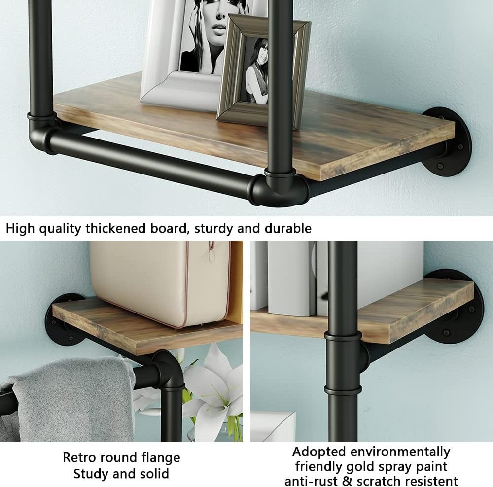 Wall Mounted Pipe Clothing Rack with Shelves, Industrial Clothes Rack with  Closet Bar Heavy Duty Iron Garment Rack