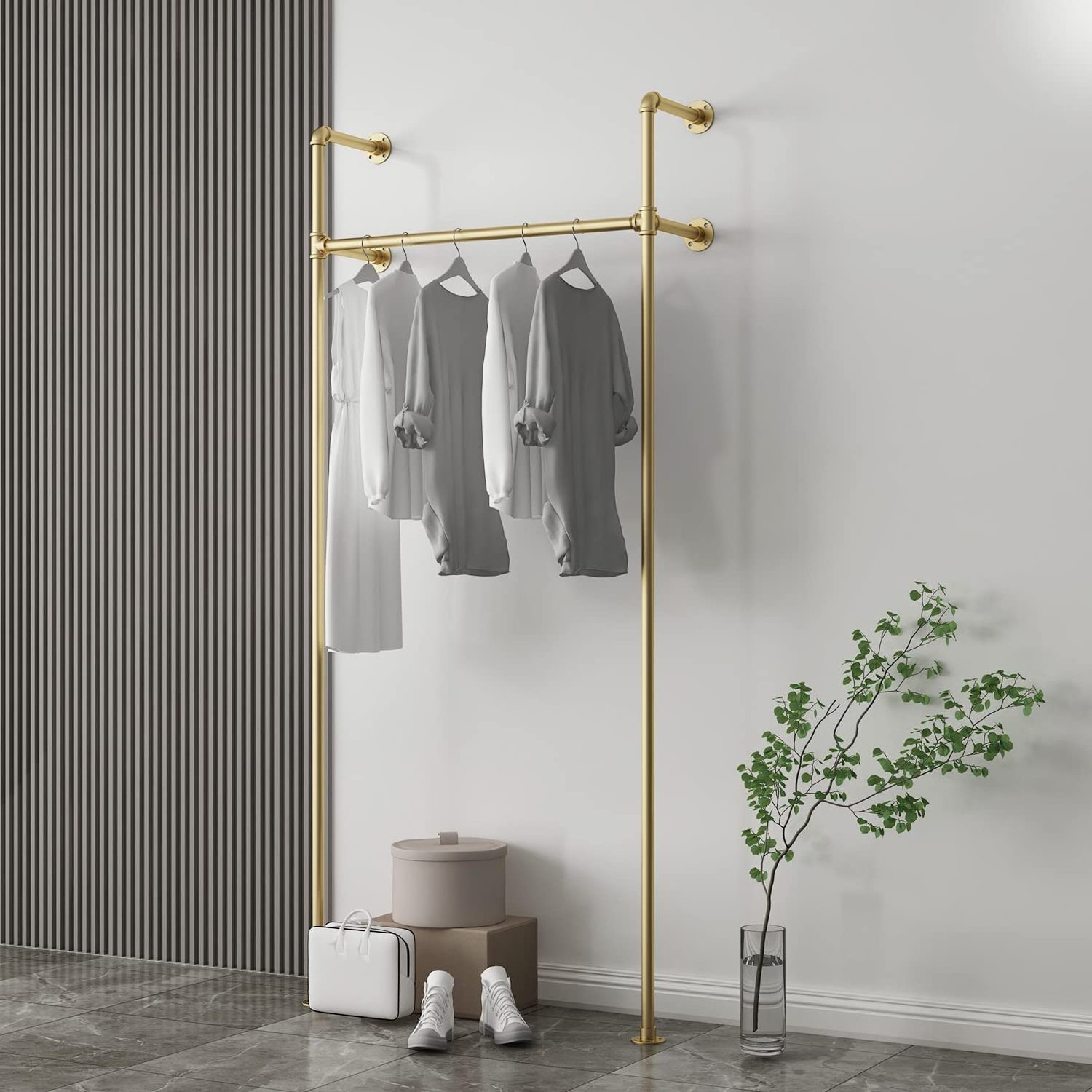 clothing racks gold display Coat Rack Hanger Shelf Garment Display Clothes Hanging Clothing Rack with Wheels 2 Tiers Commercial