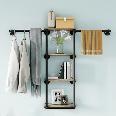 Wall Mounted Pipe Clothing Rack with Shelves, Industrial Clothes Rack with  Closet Bar Heavy Duty Iron Garment Rack