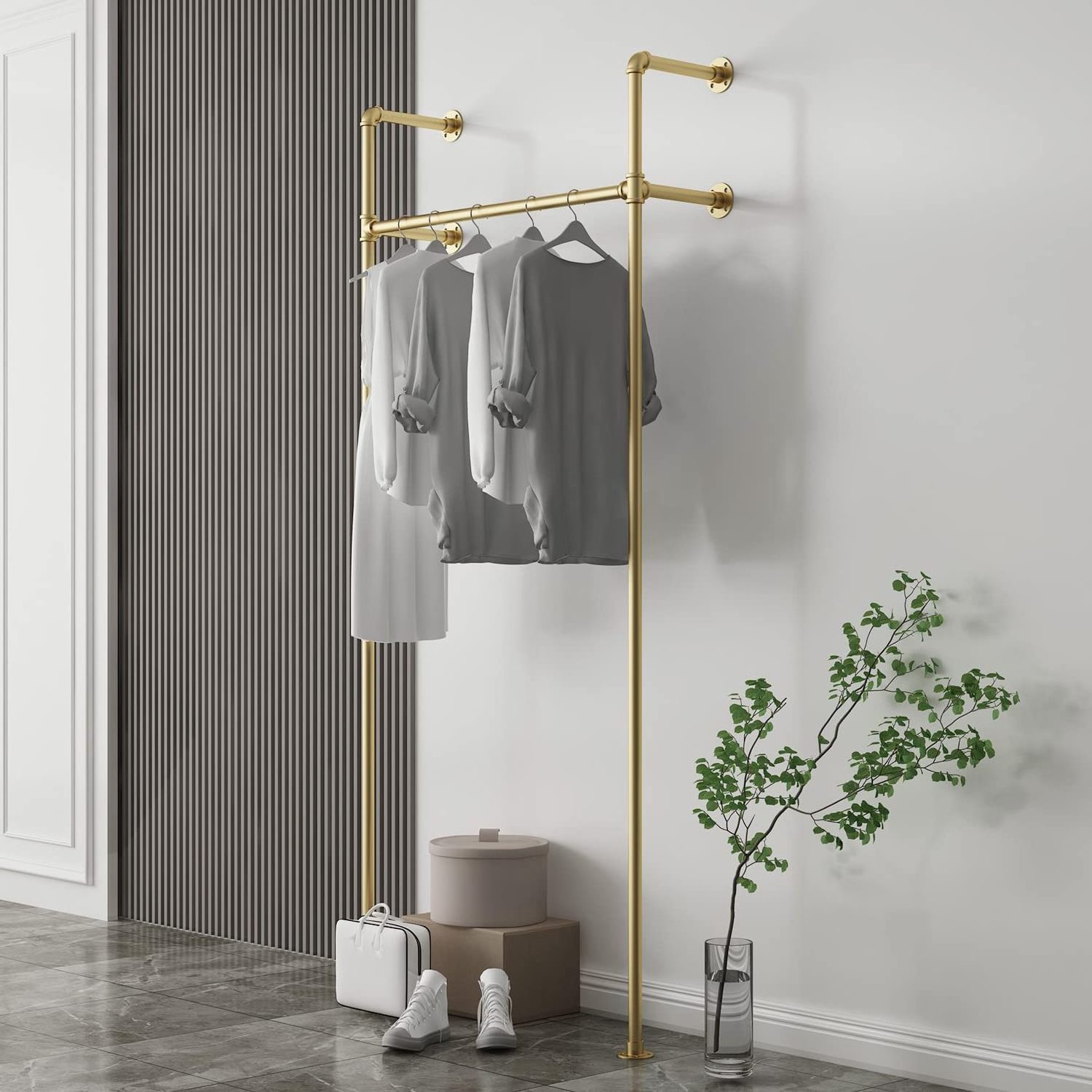 clothing racks gold display Coat Rack Hanger Shelf Garment Display Clothes Hanging Clothing Rack with Wheels 2 Tiers Commercial