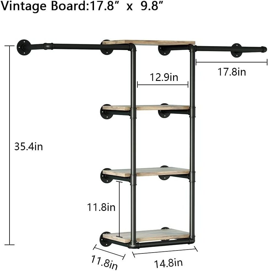 Wall Mounted Pipe Clothing Rack with Shelves, Industrial Clothes Rack with  Closet Bar Heavy Duty Iron Garment Rack