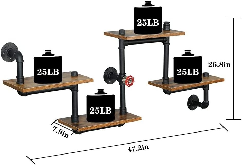 Industrial wood-paneled wall-mounted floating racks, retro country pipe racks for the bar, kitchen, and living room