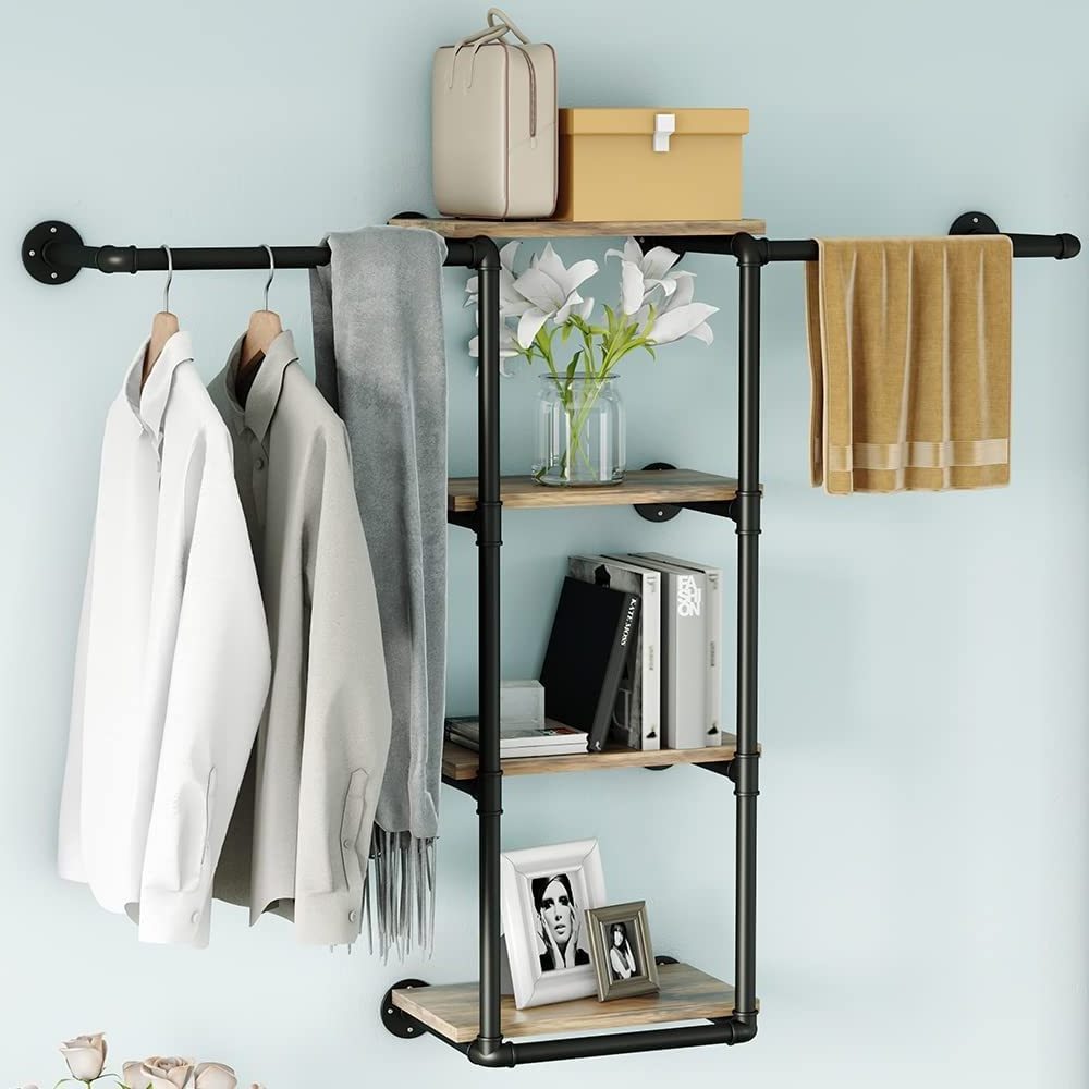 Wall Mounted Pipe Clothing Rack with Shelves, Industrial Clothes Rack with  Closet Bar Heavy Duty Iron Garment Rack