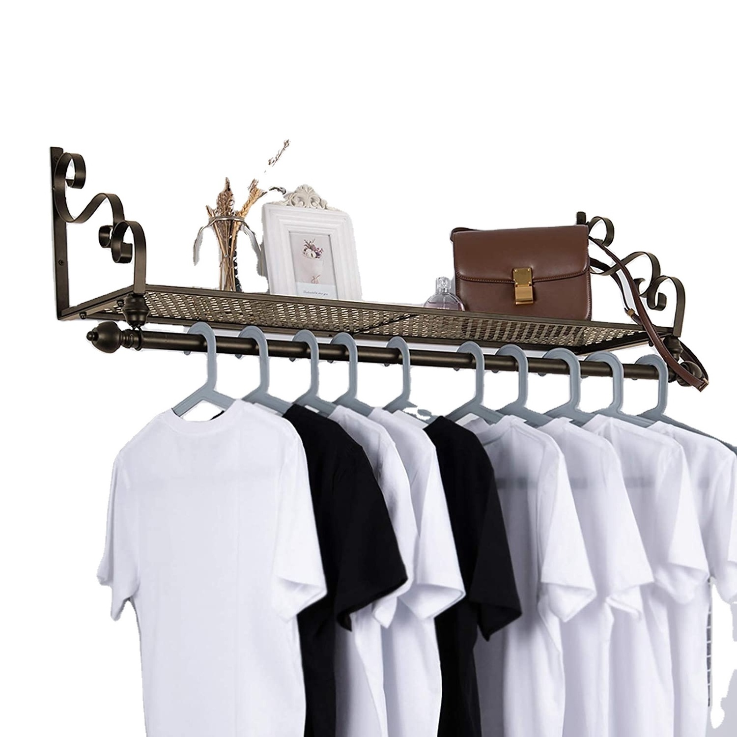 Industrial tube shelf hanger heavy-duty wall-mounted black iron clothes rail multi-purpose laundry room clothes rail