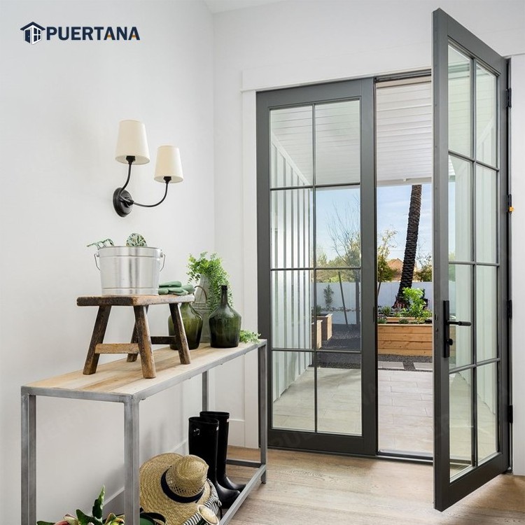 Foshan Aluminum Hinged Patio Doors European Standard Double Panels Swing Style Door Modern French Glass Casement Entry Doors