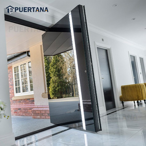 Luxury Entrance Front Doors Security Entry Stainless Steel Black Glass Pivot Door With LED Light