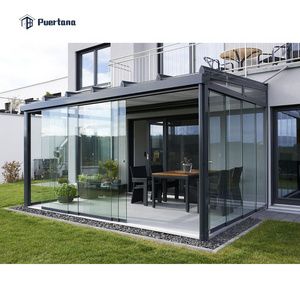 Wall Mounted Summer Garden Glass Canopy Sunroom Veranda Cover Patio Terrace Roof With Frameless Multi track Sliding Glass Door