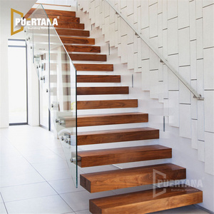 Invisible Stringer Wooden Tread Floating Cantilevered Staircase Straight Floating Stairs With Glass Railing Designs