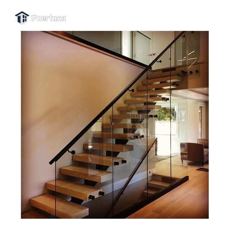 Invisible Stringer Wooden Tread Floating Cantilevered Staircase Straight Floating Stairs With Glass Railing Designs