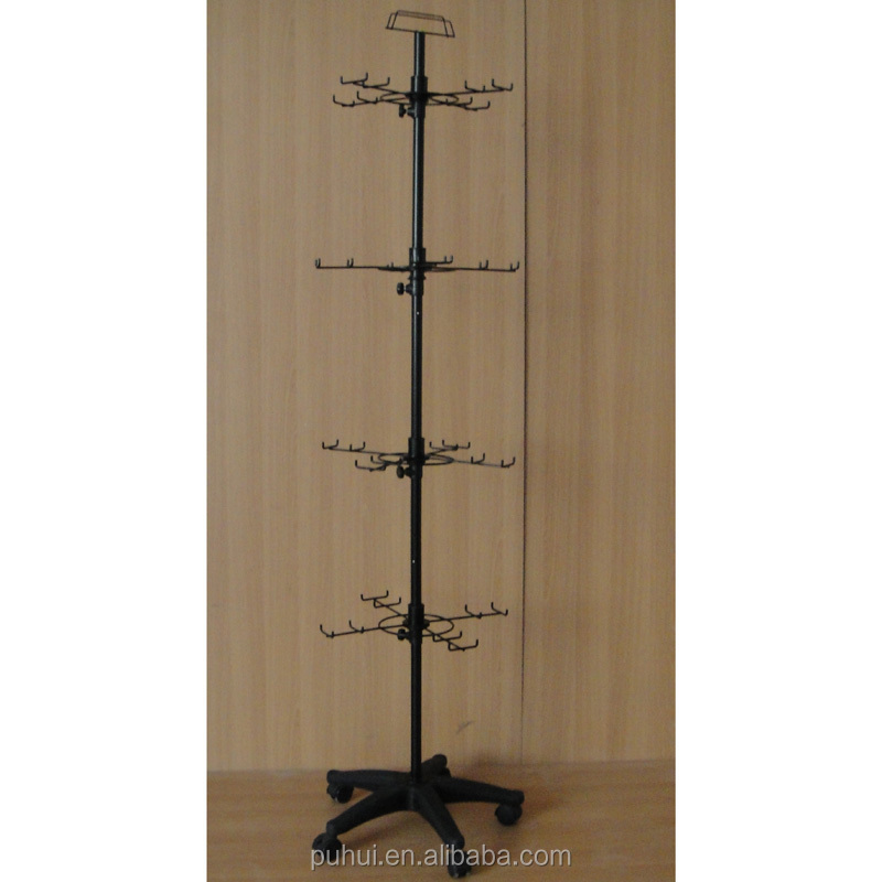 metal floor standing spinning steel wire rod peg hook hangers fixture towel display rack with wheels