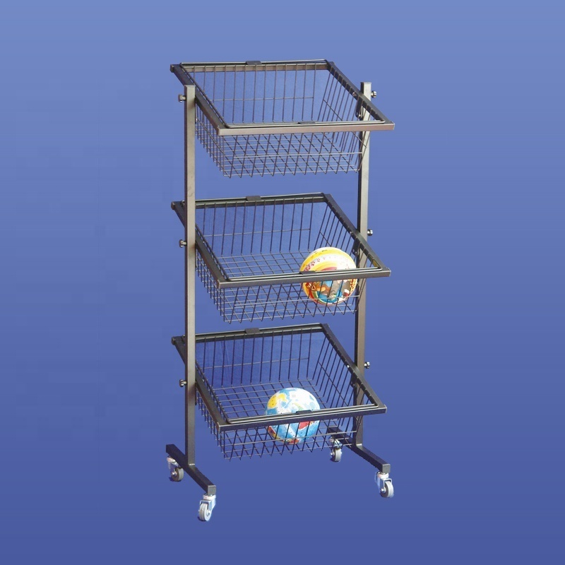 movable floor standing plush toys store fixture retail display 3 tiers shop storage angle adjustable wire basket rack