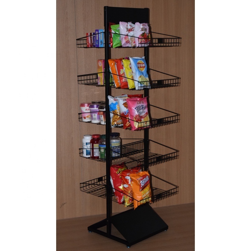 retail store multi shelf POP exposition floor stand customized iron steel gird wire potato chips snack food metal display rack