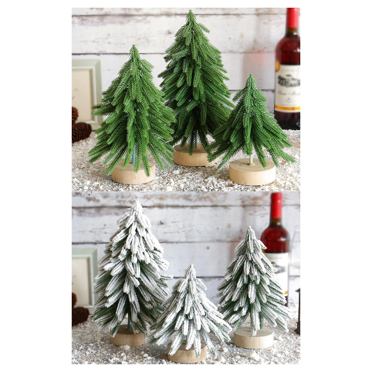 Puindo Customized Green Snow Flocked Artificial Mini Christmas Tree Wooden base for Home Desktop Xmas Decoration