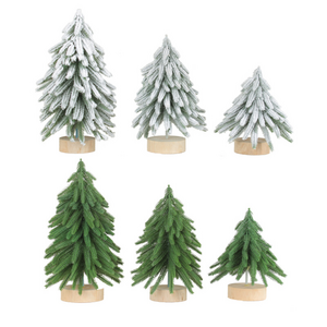 Puindo Customized Green Snow Flocked Artificial Mini Christmas Tree Wooden base for Home Desktop Xmas Decoration