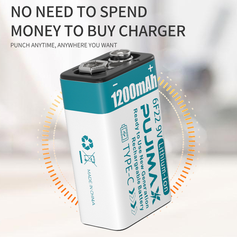 PUJIMAX 1pcs 9V type c lithium battery 1200mah usb c rechargeable battery 9v 6f22 lithium ion battery with usb charging cable