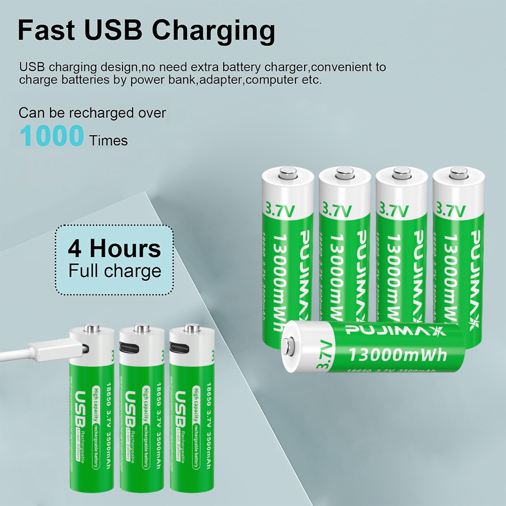 PUJIMAX High Quality 2PCS 18650 Rechargeable Li Ion Battery USB Type C Cable Charging13000mWh 3.7V Battery For Flashlight